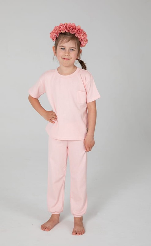 Piżama Pastel Pink Długie Spodnie + Krótki Rękaw